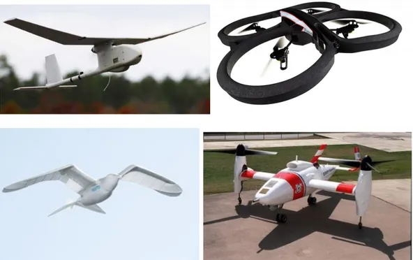 Figura 1.9. UAV ad ala fisa, ala rotante, ala battente e VTOL. 