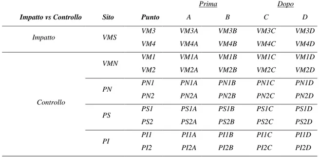 Tabella 2. Schematizzazione del disegno di campionamento di tipo Beyond-BACI adottato  con indicazione dei codici utilizzati per indicare i singoli campioni