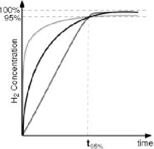 Figura 1.3: Esempio di curve di concentrazioni in funzione del tempo, che hanno tre diversi comportamenti ma ma lo stesso tasso medio al t 95% [3]