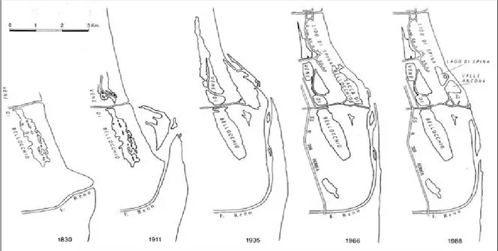 Figura 15: Evoluzione della foce del fiume Reno dal 1830 al 1988 (da: Aspetti naturalistici delle zone umide  salmastre dell'Emilia Romagna, RER, 1990)