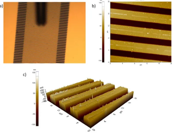 Figura 2.8: a)Immagine al microscopio ottico di un campione di test interdi- interdi-gitato; b) superficie dello stesso campione ottenuta con tecnica non-contact AFM (20x20 µm); c) stessa immagine rielaborata in 3D.