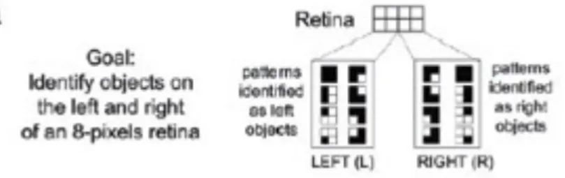 Fig. 27. Evoluzione di reti per un task di pattern recognition con goal fissi e MVG. (a) Goal: riconoscere oggetti nelle parti sinistra e  destra di una retina 4 x 2