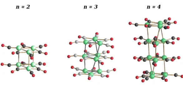 Figura 1.1. Da sinistra, i cluster di Chini [Pt 6 (CO) 12 ] 2- ,  [Pt 9 (CO) 18 ] 2- , [Pt 12 (CO) 24 ] 2- .