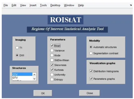 Figura 4.4: Interfaccia del software ROIStAT realizzato in questo lavoro di tesi per l’analisi statistica dei dati provenienti dalle immagini di risonanza