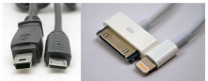 Figura 3.4: Connettori pi` u diffusi: micro USB, mini USB, 30-pin dock e Lightning