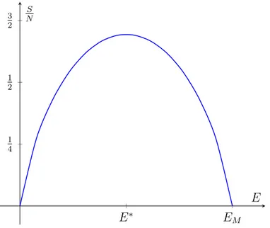 Figura 1.3: Entropia S di un sistema di spin a due stati in funzione della sua energia totale E