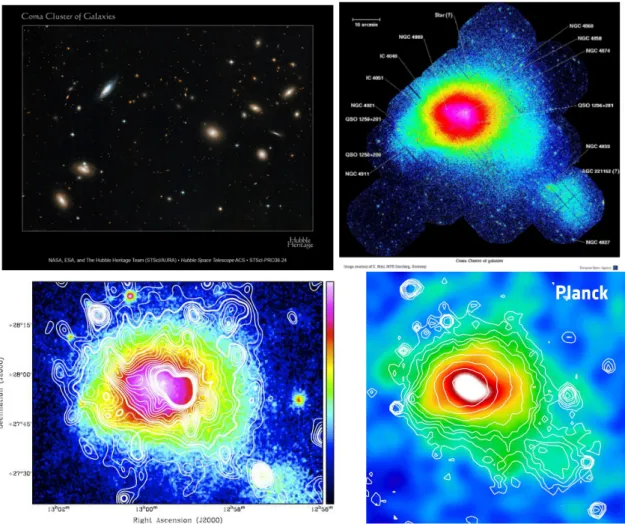 Figure 1.4: Multi-frequency view of the Coma cluster: the optical emission from galaxies in the central region (left top panel, HST); the thermal ICM emitting in the X-rays (righ top, XMM-Newton); synchrotron radio emission (contours) overlaid on the X emi