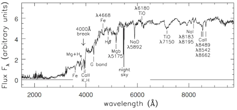 Figure 1.3: A spectrum by a typical elliptical galaxy where the spectral ux is plotted agains the wavelength