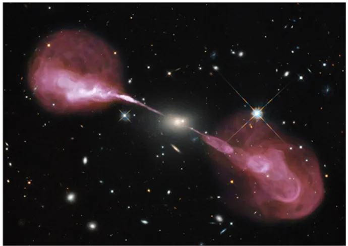 Figure 3.2: A composite image of the radio galaxy Hercules A. The white central region being the optical image of this giant elliptical.Image Credit: NASA, ESA, S