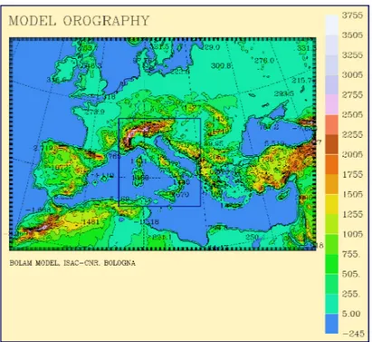 Figure 2.1: BOLAM and MOLOCH daily forecasts  in-tegration domains  (respec-tively the larger one and the smaller one within the blue frame); the altitude is  ex-pressed in meters.