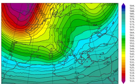 Figure 2.4: Alpine BW episode, 500 hPa geopotential height (dam); initial condition at 00 UTC for the November 1, 2012 BOLAM run.