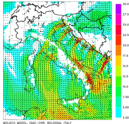 Figure 2.5: Adriatic BW episode, wind at 950 hPa (m /s); MOLOCH forecast for October 28, 2010, 00 UTC, initial time October 27, 2010, 03 UTC.