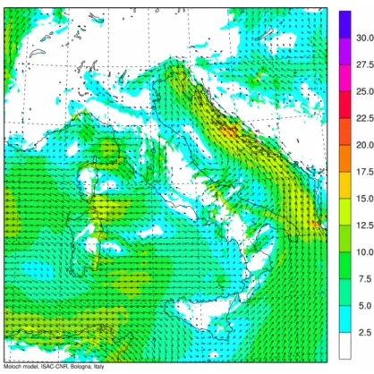 Figure 2.9: Dinaric BW episode, wind at 950 hPa (m /s); MOLOCH forecast for January 11, 2011, 00 UTC, initial time January 10, 2011, 03 UTC.