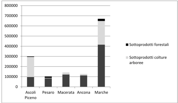 Fig 5.1 - Disponibilità attuale: quantità di biomassa agroforestale disponibile nella  regione Marche al netto dell'attuale utilizzo (ton/anno di sostanza secca)