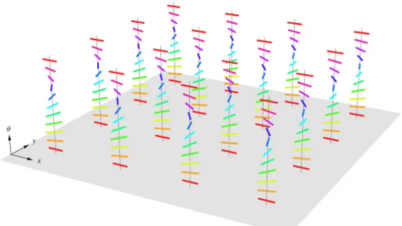 Figure 1.3: The visual cortex modelled as a set of hypercolumns. Over each retinotopic point (x, y) there is a set of cells coded for the set of orientations {θ ∈ S 1 } and generating the 3D space R 2 ×S 1 