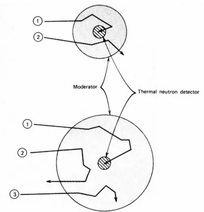 Figura 1.3: Moderazione dei neutroni: 1)neutrone rivelato corretamente 2)e 3)neutrone non rivelato per effetto delle dimensioni del moderatore.