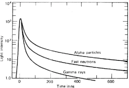 Figura 1.12: Differenze nelle forme dei segnali indotti da particelle alfa, neutroni o raggi gamma.