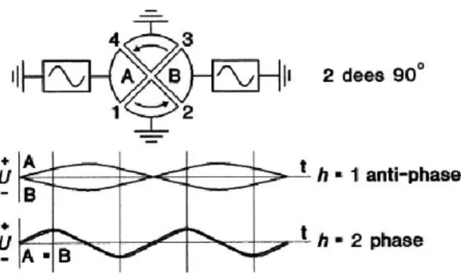 Figura 2.3 Oscillazione armonica per l’accelerazione di ioni idrogeno e deuterio 