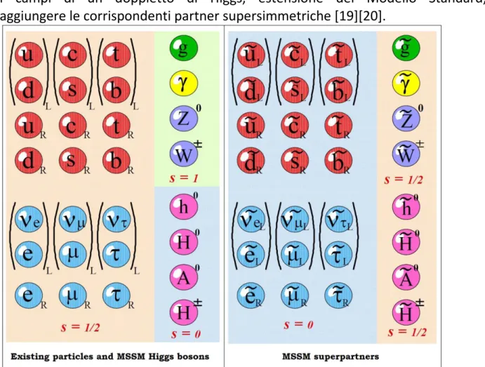 Figura 6: Particelle previste dal MSSM. Nel rettangolo sinistra sono riportate le particelle esistenti nella SM e altri quattro nuovi  bosoni di Higgs previsti dalla MSSM