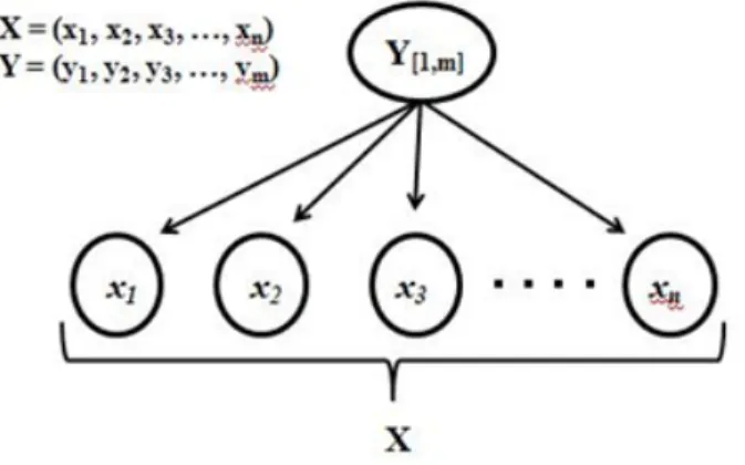 Figura 9: Schema concettuale del funzionamento di un classificatore naïve Bayes in cui i parametri sono equivalenti  alle probabilità condizionate di ogni n-esima “features”(x) data ogni classe m-esima(y) (Bozzeda, 2013)