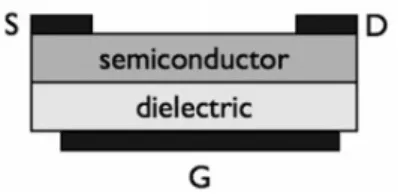 Figure 2.5: One of the most used transistor scheme: bottom-gate, top contacts (BG-TC) [14]