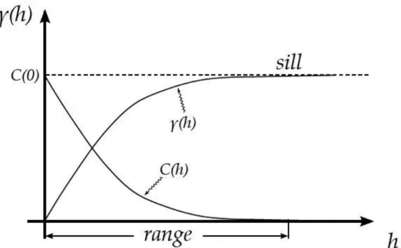 Figura 3.2. Rappresentazione grafica della covarianza e della funzione  variogramma all’aumentare della distanza h