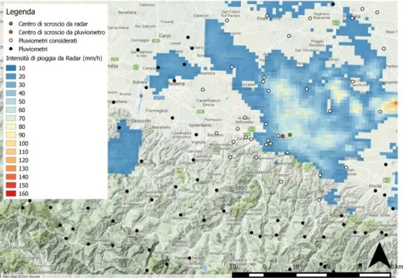 Figura 4.5. Mappa di precipitazione oraria da radar (14 Giugno 2014 a Bologna –  01.00 UTC ), in nero vengono riportati tutti i pluviometri della regione, in bianco i 