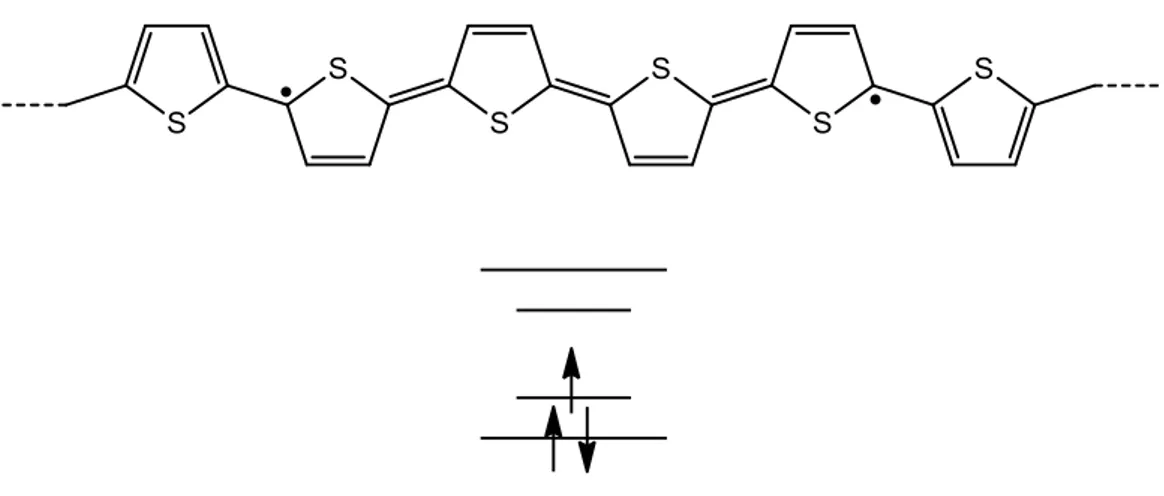 Figura 1.4.2   Esempio di polarone in una catena politiofenica dove gli elettroni occupano stato localizzato a più alta energia
