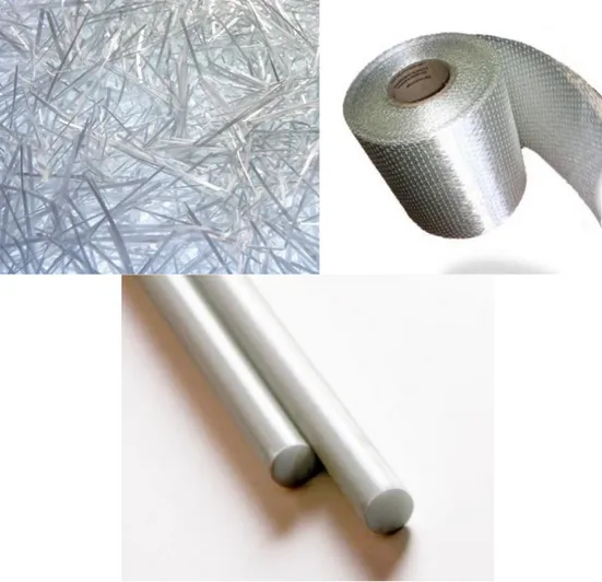 Figura 8.  Fibra di vetro, tessuto in fibra di vetro, barre in fibra di vetro 