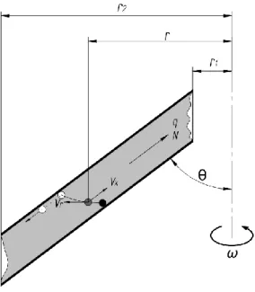 Figura 2.3: rappresentazione bidimensionale della separazione di una particella da un liquido fra due dischi tronco- tronco-conici