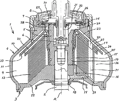 Figura 3.38: vista in sezione del separatore descritto nel brevetto US 5,941,811 A (Ridderstrale e Stroucken, 1999)