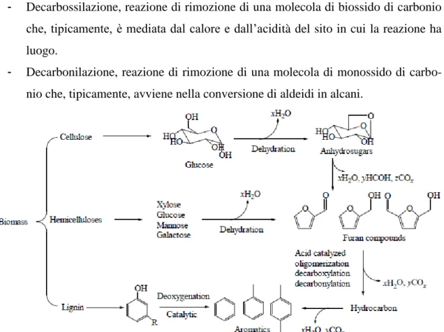 Fig. 1.4 – Esempio delle reazioni che intervengono sulle biomasse lignocellulosiche, a carico del catalizza- catalizza-tore