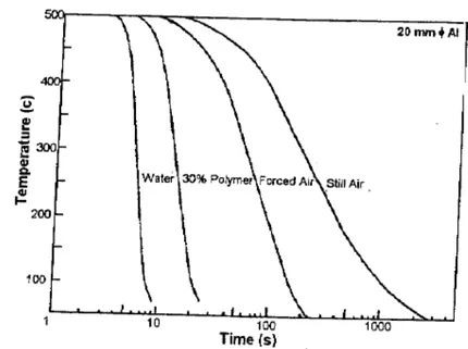 Figura 3.5: curve delle velocità di raffreddamento di un provino di Al con diamentro 20 mm al variare del  mezzo temprante [4] 