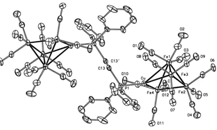 Fig. 1.3d: Struttura molecolare di [⎨Fe 4 C(CO) 12 Cu⎬ 2 (µ-dppe)] 2- . 