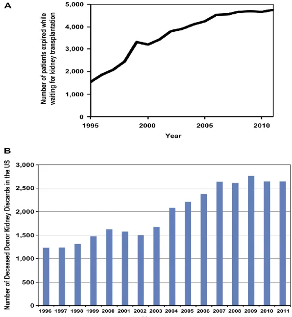 Figura 3.1: Dati statistici sul trapianto di rene. A. Numero di pazienti deceduti nell’attesa  di un trapianto di rene