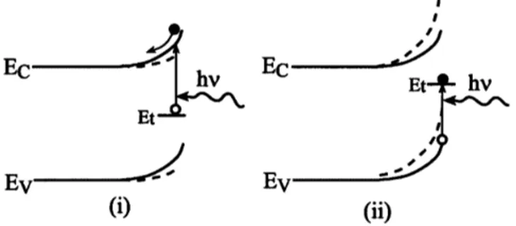 Figura 2.3: Schema della struttura a bande in supercie di un semiconduttore di tipo n, sotto l'eetto di illuminazione sub-bandgap, nel caso in cui siano eccitati gli elettroni intrappolati (i) o le lacune (ii)