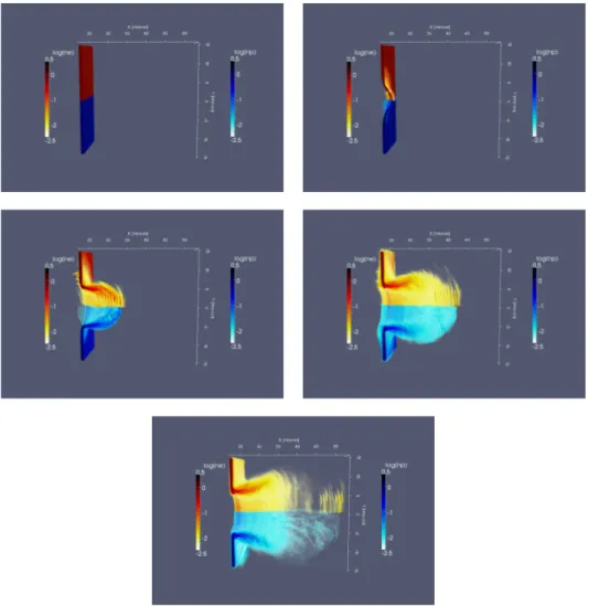 Figura 2.4: Sequenza di istanti temporali del meccanismo RPA. la densità di elettroni è rappresentata in scala di rossi; in scala di blu la densità di protoni