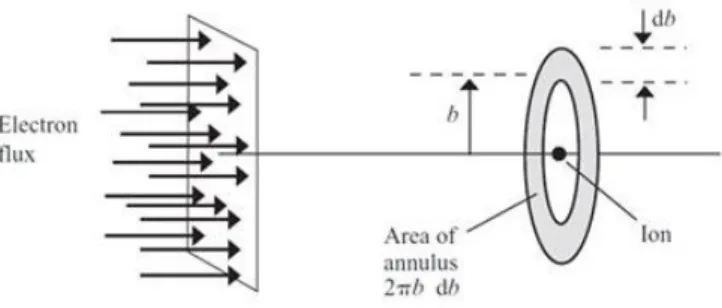 Figura 1.2: Flusso di elettroni interagenti con un nucleo: la regione anulare evidenziata rappresenta l’area bersaglio