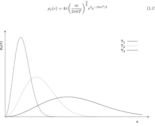 Figura 1.1: Distribuzione di Maxwell-Boltzmann a varie temperature (T 3 = 4T 2 = 4T 1 ).