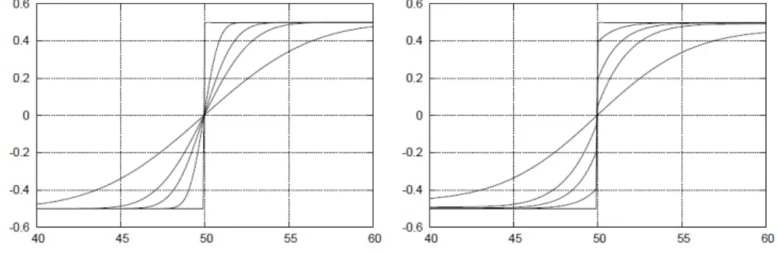 Figura 2.2: Diffusione di una funzione costante a tratti in una dimensione, tramite l’equazione del calore (immagine a sinistra) e tramite l’equazione di steepest descent di J in W 0 1 (immagine a destra)