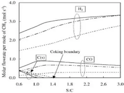 Figura 7: Effetto del rapporto S/C sulle composizioni dei prodotti all’equilibrio in un reattore SRM [17] 