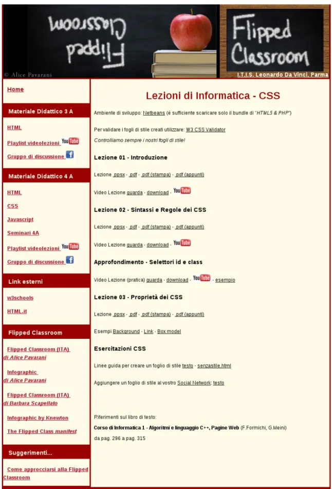 Figura 2.4: Pagina del materiale didattico sui CSS, classe IV http://docenti. itis.pr.it/dpavara/materialeCSS.html