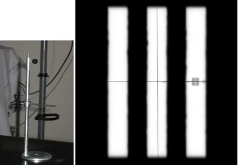 Figura 44: A sinistra, oggetto test utilizzato. A destra, immagine della coincidenza centro dell’EPID con il  centro del campo luminoso