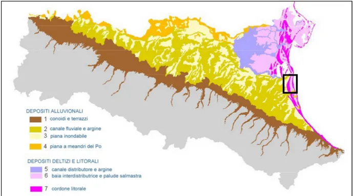 Fig.  2.1  -  Estratto  della Carta  geologica  della  Pianura  Padana  in  scala  1:250000  (Servizio  Geologico  Sismico  e  dei  Suoli  -  Regione  Emilia-Romagna)