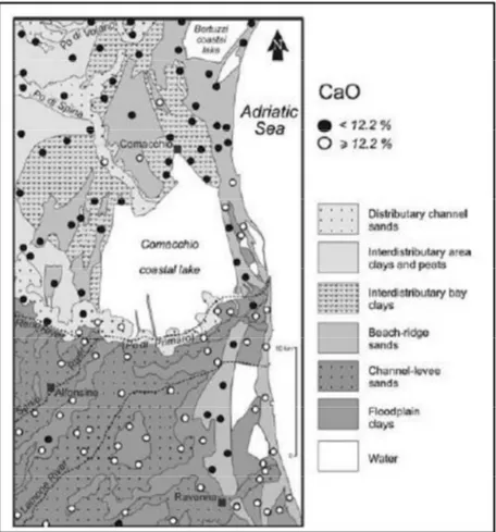 Fig.  2.8  –  Distribuzione  spaziale  di  CaO  nei  sedimenti  sub-superficiali  della  piana  costiera  del Po, basata sul campionamento di 120 siti (da Amorosi e Sammartino, 2007)