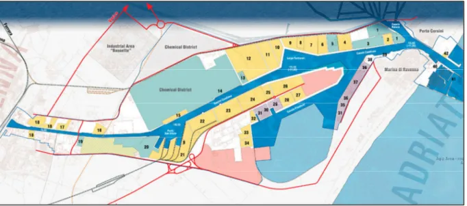 Fig.  2.10  –  Mappa  del  porto  di  Ravenna.  I  numeri  fanno  riferimento  alle  aziende  stanziate  attorno al porto-canale