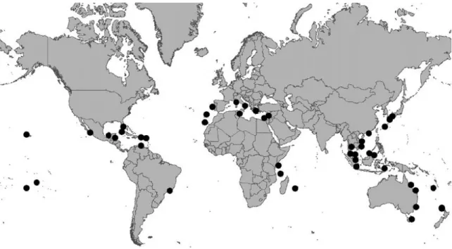 Figure 1. Distribution across the world of the dinoflagellates belonging to the Ostreopsis genus (from Rhodes, 2011).