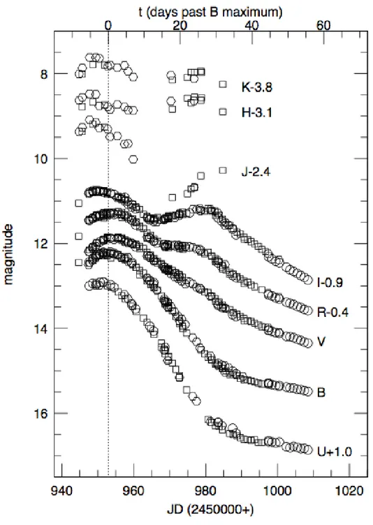 Figura 2.1. Curve di luce in banda ottica e nel vicino infrarosso per SN 1998 bu. Le differenti figure geometriche appartengono a differenti set di dati (cerchi: Suntzeff et al