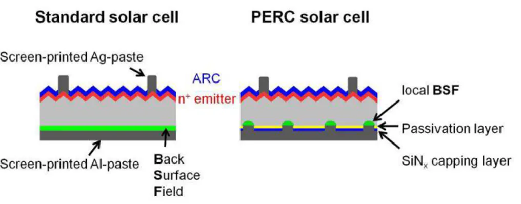 Figure 3-9: Schematic diagram of a typical industrial solar cell with a full-area Al-BSF (left) and a PERC solar cell  (right) with a dielectric rear side passivation layer and screen-printed local aluminum contacts on the rear