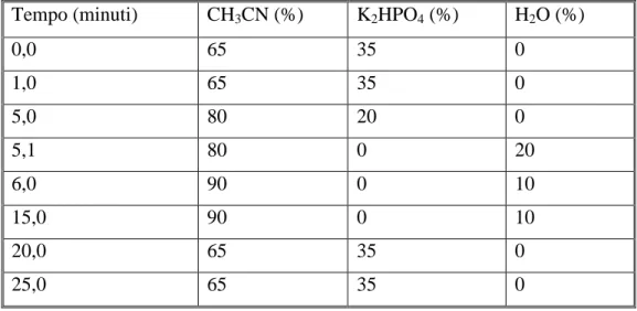 Tabella 6.2: Gradiente di concentrazione degli eluenti utilizzati per l’analisi cromatografica 